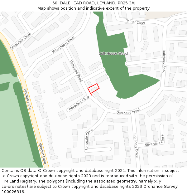 50, DALEHEAD ROAD, LEYLAND, PR25 3AJ: Location map and indicative extent of plot