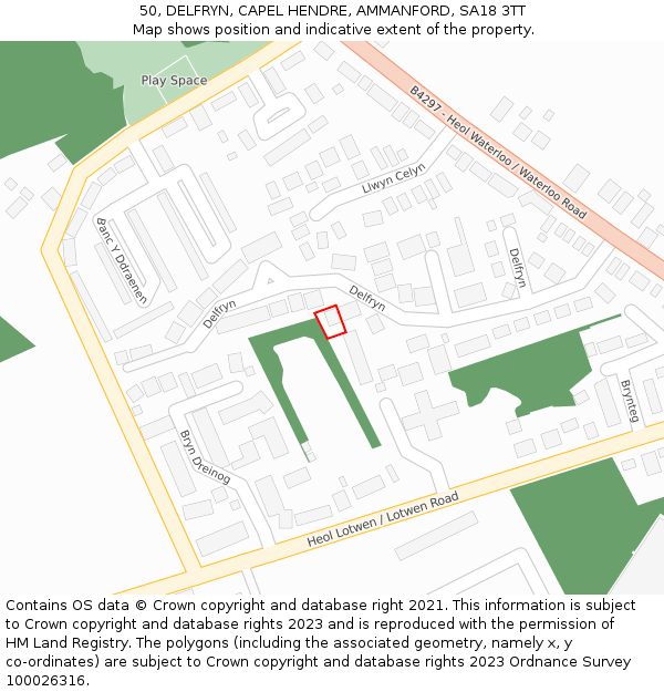50, DELFRYN, CAPEL HENDRE, AMMANFORD, SA18 3TT: Location map and indicative extent of plot