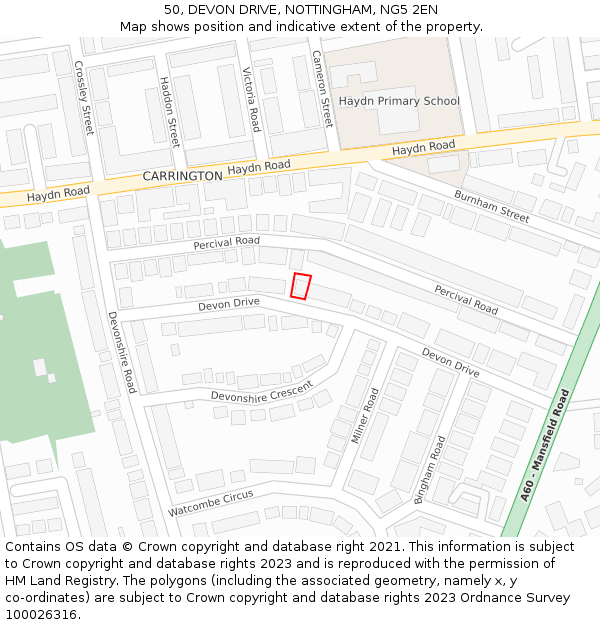 50, DEVON DRIVE, NOTTINGHAM, NG5 2EN: Location map and indicative extent of plot