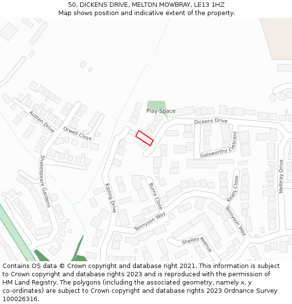 50, DICKENS DRIVE, MELTON MOWBRAY, LE13 1HZ: Location map and indicative extent of plot