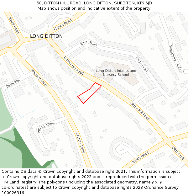 50, DITTON HILL ROAD, LONG DITTON, SURBITON, KT6 5JD: Location map and indicative extent of plot
