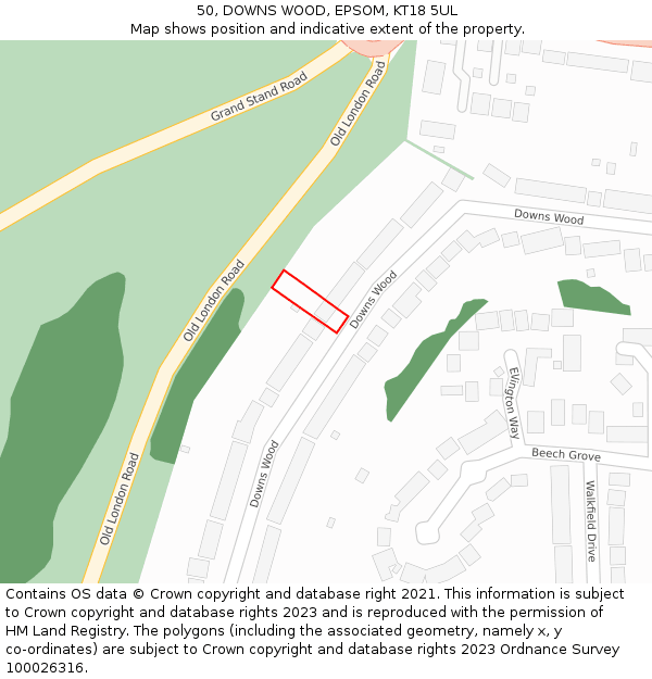 50, DOWNS WOOD, EPSOM, KT18 5UL: Location map and indicative extent of plot