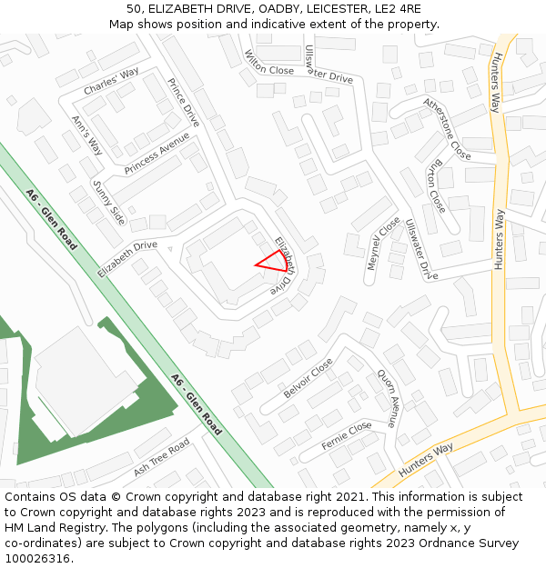 50, ELIZABETH DRIVE, OADBY, LEICESTER, LE2 4RE: Location map and indicative extent of plot