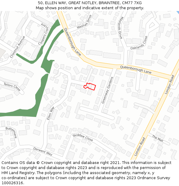 50, ELLEN WAY, GREAT NOTLEY, BRAINTREE, CM77 7XG: Location map and indicative extent of plot