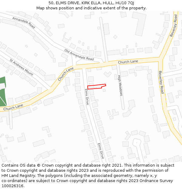 50, ELMS DRIVE, KIRK ELLA, HULL, HU10 7QJ: Location map and indicative extent of plot