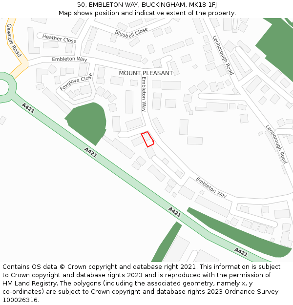 50, EMBLETON WAY, BUCKINGHAM, MK18 1FJ: Location map and indicative extent of plot