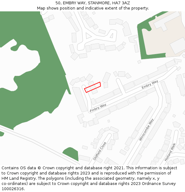 50, EMBRY WAY, STANMORE, HA7 3AZ: Location map and indicative extent of plot