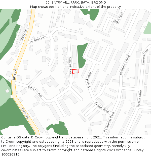 50, ENTRY HILL PARK, BATH, BA2 5ND: Location map and indicative extent of plot