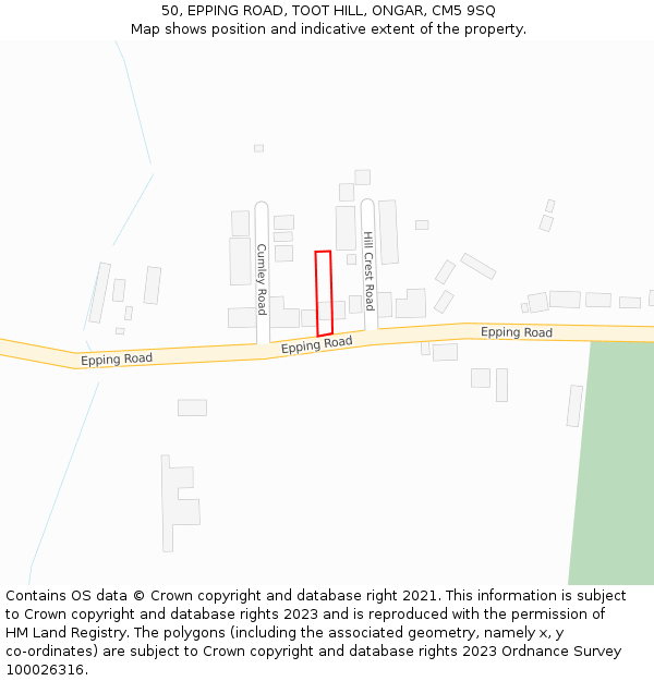 50, EPPING ROAD, TOOT HILL, ONGAR, CM5 9SQ: Location map and indicative extent of plot