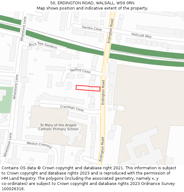 50, ERDINGTON ROAD, WALSALL, WS9 0RN: Location map and indicative extent of plot