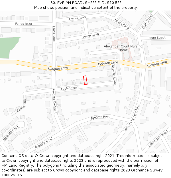 50, EVELYN ROAD, SHEFFIELD, S10 5FF: Location map and indicative extent of plot