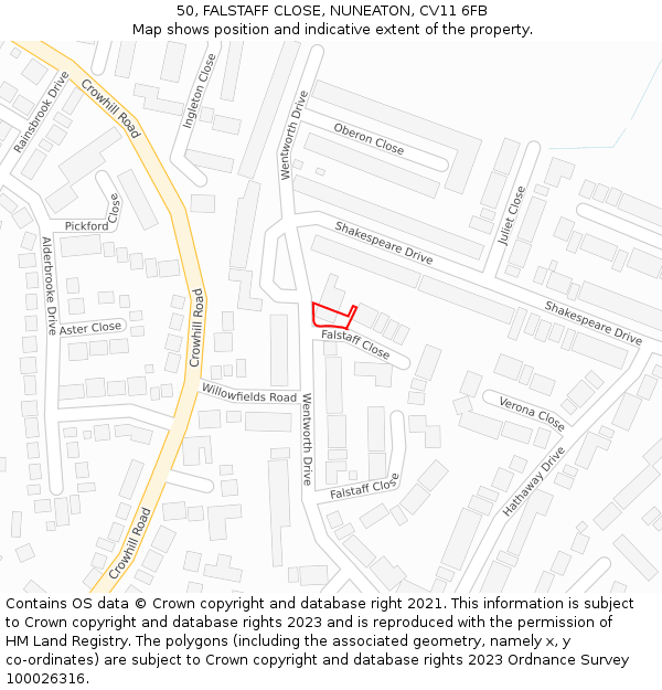 50, FALSTAFF CLOSE, NUNEATON, CV11 6FB: Location map and indicative extent of plot