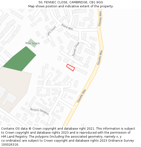50, FENNEC CLOSE, CAMBRIDGE, CB1 9GG: Location map and indicative extent of plot