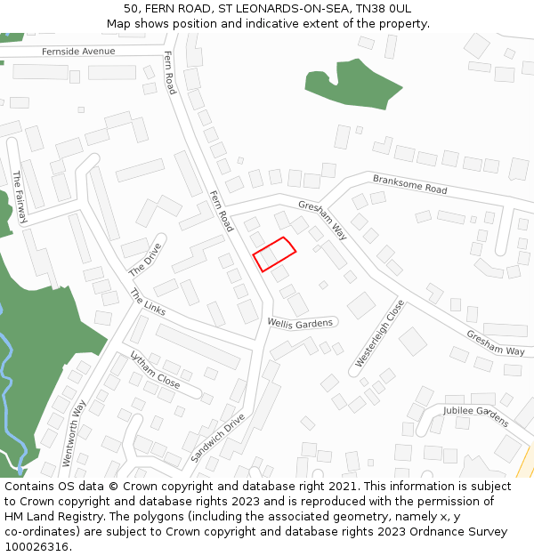 50, FERN ROAD, ST LEONARDS-ON-SEA, TN38 0UL: Location map and indicative extent of plot