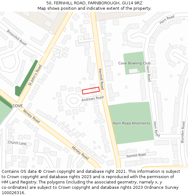 50, FERNHILL ROAD, FARNBOROUGH, GU14 9RZ: Location map and indicative extent of plot