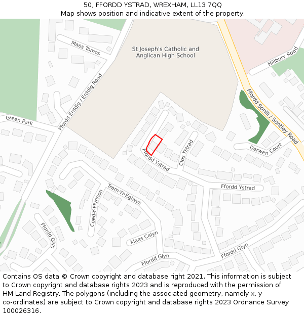 50, FFORDD YSTRAD, WREXHAM, LL13 7QQ: Location map and indicative extent of plot