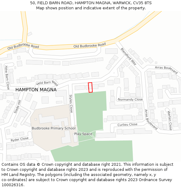 50, FIELD BARN ROAD, HAMPTON MAGNA, WARWICK, CV35 8TS: Location map and indicative extent of plot