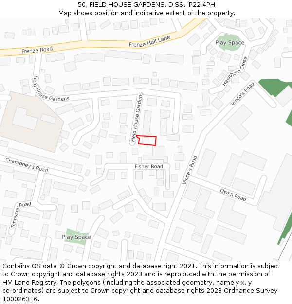 50, FIELD HOUSE GARDENS, DISS, IP22 4PH: Location map and indicative extent of plot