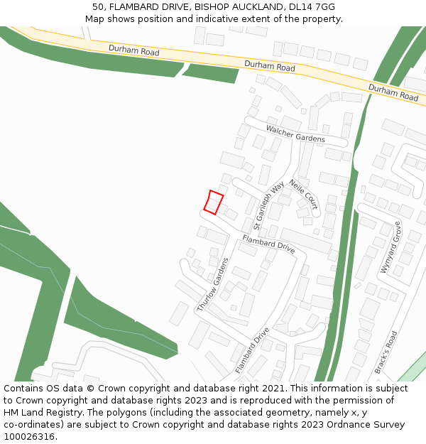 50, FLAMBARD DRIVE, BISHOP AUCKLAND, DL14 7GG: Location map and indicative extent of plot