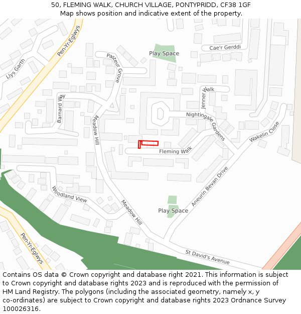 50, FLEMING WALK, CHURCH VILLAGE, PONTYPRIDD, CF38 1GF: Location map and indicative extent of plot