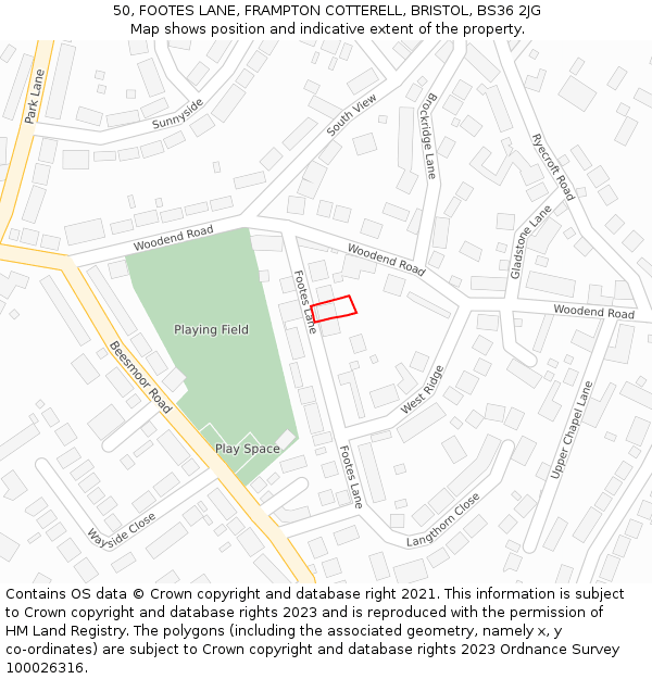 50, FOOTES LANE, FRAMPTON COTTERELL, BRISTOL, BS36 2JG: Location map and indicative extent of plot