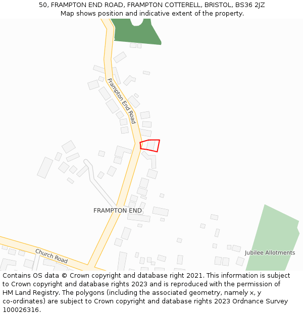 50, FRAMPTON END ROAD, FRAMPTON COTTERELL, BRISTOL, BS36 2JZ: Location map and indicative extent of plot