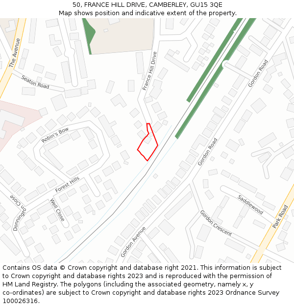 50, FRANCE HILL DRIVE, CAMBERLEY, GU15 3QE: Location map and indicative extent of plot