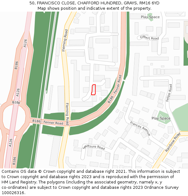 50, FRANCISCO CLOSE, CHAFFORD HUNDRED, GRAYS, RM16 6YD: Location map and indicative extent of plot