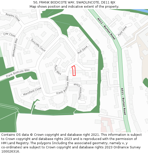 50, FRANK BODICOTE WAY, SWADLINCOTE, DE11 8JX: Location map and indicative extent of plot