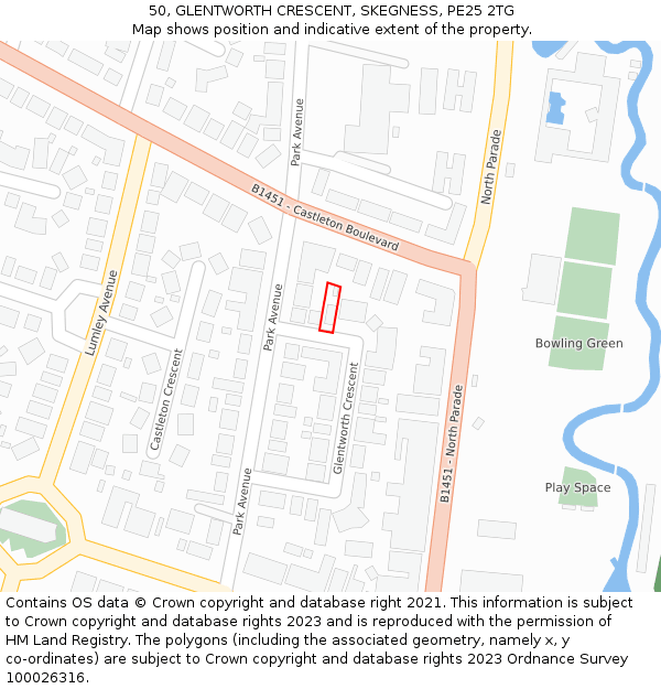 50, GLENTWORTH CRESCENT, SKEGNESS, PE25 2TG: Location map and indicative extent of plot