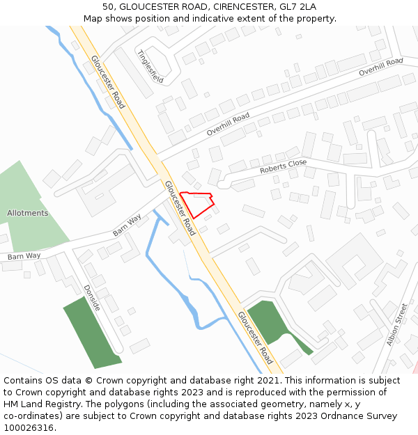 50, GLOUCESTER ROAD, CIRENCESTER, GL7 2LA: Location map and indicative extent of plot