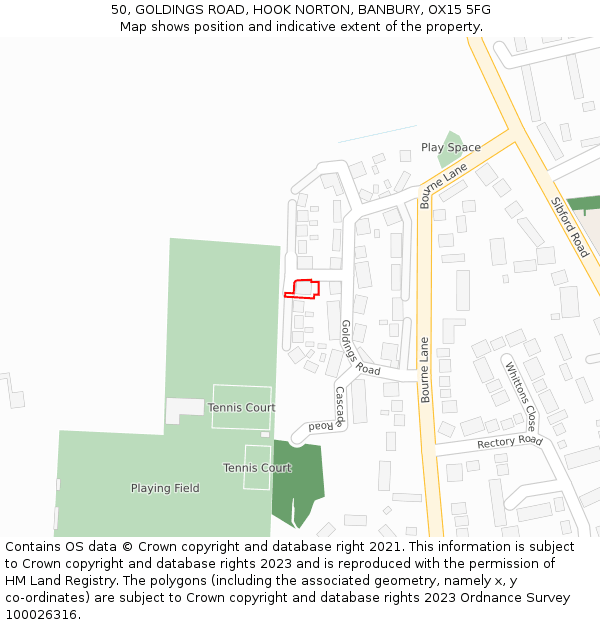 50, GOLDINGS ROAD, HOOK NORTON, BANBURY, OX15 5FG: Location map and indicative extent of plot