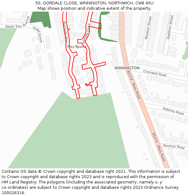 50, GORDALE CLOSE, WINNINGTON, NORTHWICH, CW8 4XU: Location map and indicative extent of plot