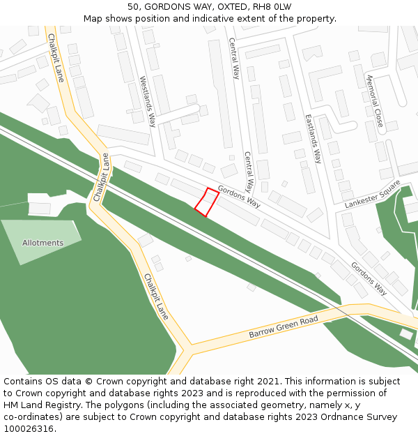 50, GORDONS WAY, OXTED, RH8 0LW: Location map and indicative extent of plot