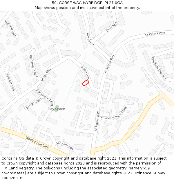 50, GORSE WAY, IVYBRIDGE, PL21 0GA: Location map and indicative extent of plot