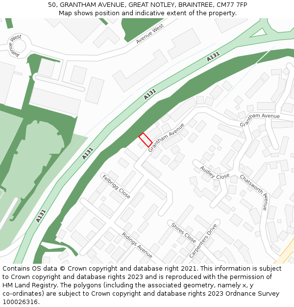 50, GRANTHAM AVENUE, GREAT NOTLEY, BRAINTREE, CM77 7FP: Location map and indicative extent of plot