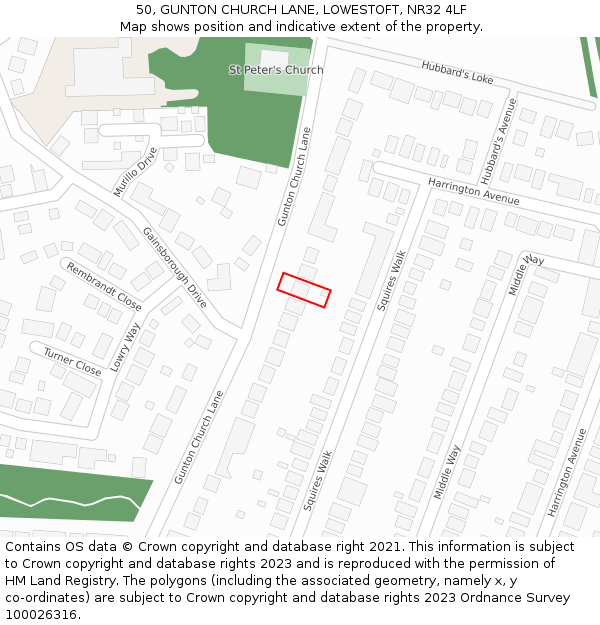 50, GUNTON CHURCH LANE, LOWESTOFT, NR32 4LF: Location map and indicative extent of plot