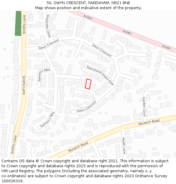 50, GWYN CRESCENT, FAKENHAM, NR21 8NE: Location map and indicative extent of plot
