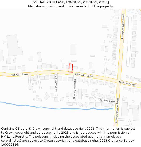 50, HALL CARR LANE, LONGTON, PRESTON, PR4 5JJ: Location map and indicative extent of plot