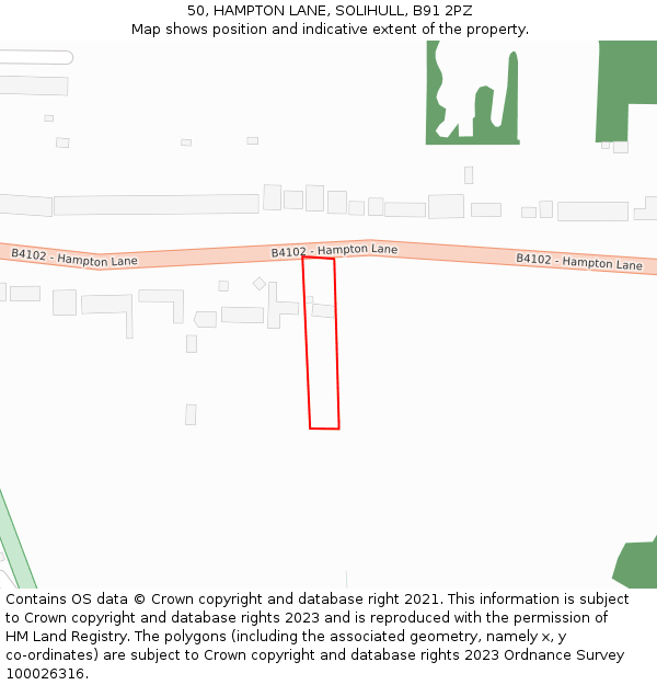 50, HAMPTON LANE, SOLIHULL, B91 2PZ: Location map and indicative extent of plot
