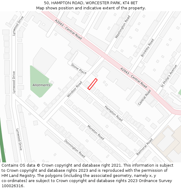 50, HAMPTON ROAD, WORCESTER PARK, KT4 8ET: Location map and indicative extent of plot