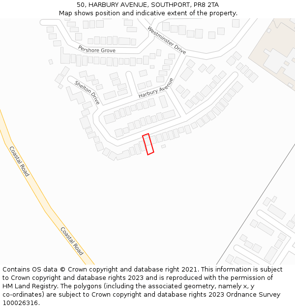 50, HARBURY AVENUE, SOUTHPORT, PR8 2TA: Location map and indicative extent of plot