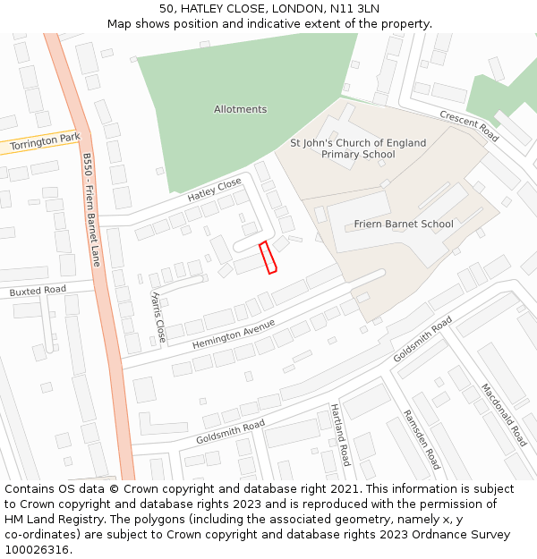 50, HATLEY CLOSE, LONDON, N11 3LN: Location map and indicative extent of plot