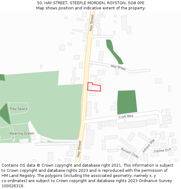 50, HAY STREET, STEEPLE MORDEN, ROYSTON, SG8 0PE: Location map and indicative extent of plot