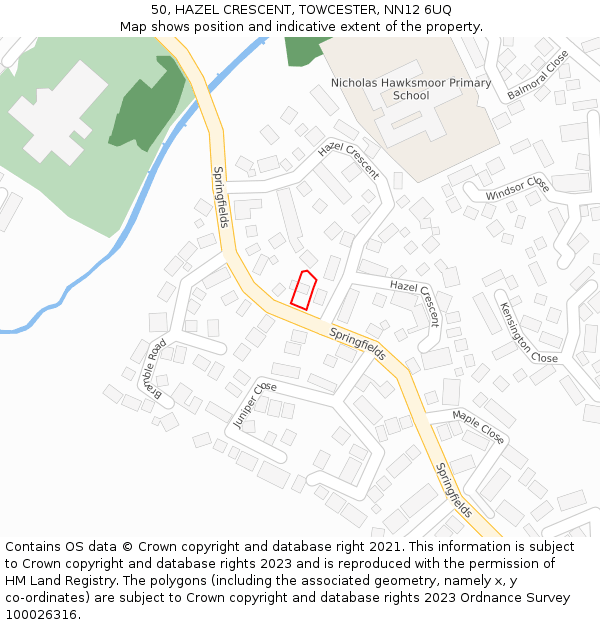 50, HAZEL CRESCENT, TOWCESTER, NN12 6UQ: Location map and indicative extent of plot