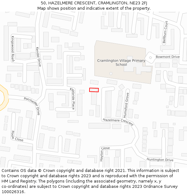 50, HAZELMERE CRESCENT, CRAMLINGTON, NE23 2FJ: Location map and indicative extent of plot