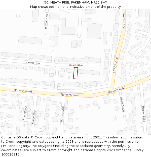 50, HEATH RISE, FAKENHAM, NR21 8HY: Location map and indicative extent of plot