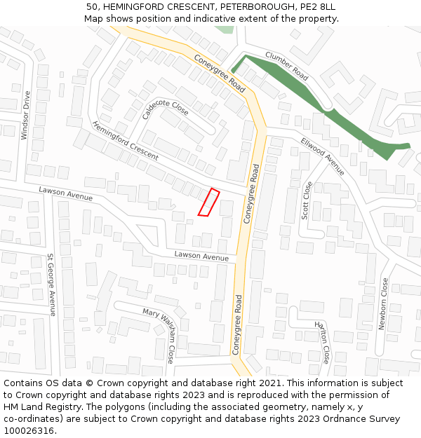 50, HEMINGFORD CRESCENT, PETERBOROUGH, PE2 8LL: Location map and indicative extent of plot