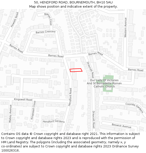50, HENDFORD ROAD, BOURNEMOUTH, BH10 5AU: Location map and indicative extent of plot