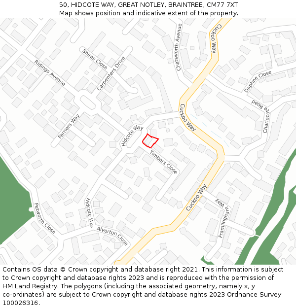 50, HIDCOTE WAY, GREAT NOTLEY, BRAINTREE, CM77 7XT: Location map and indicative extent of plot